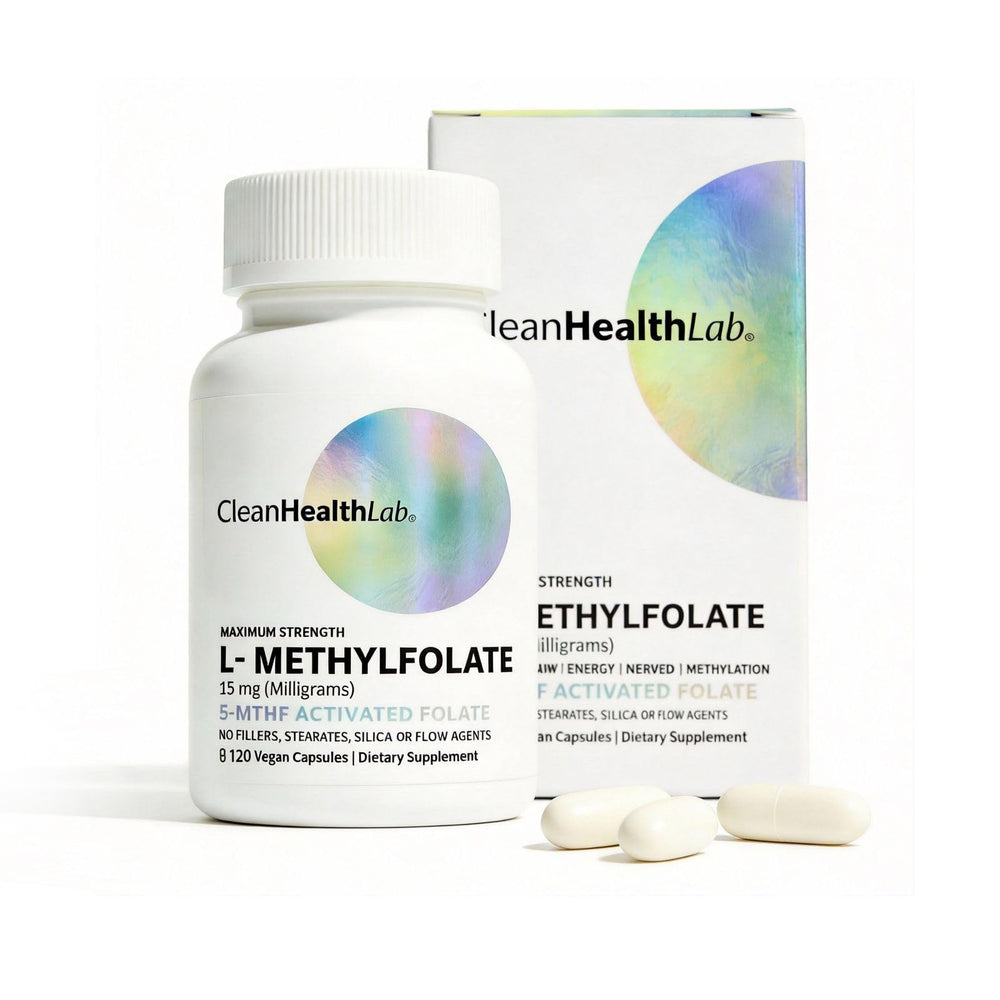Clean Health Lab L-Methylfolate bottle with capsules for daily mood and energy support.