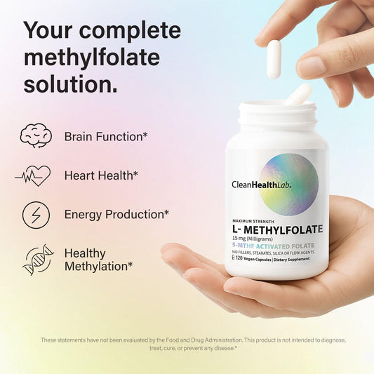 Clean Health Lab L-Methylfolate capsules inside bottle for brain function and steady energy.