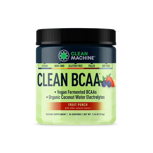 Clean Machine Clean BCAA powder tub front for post-workout hydration and recovery.