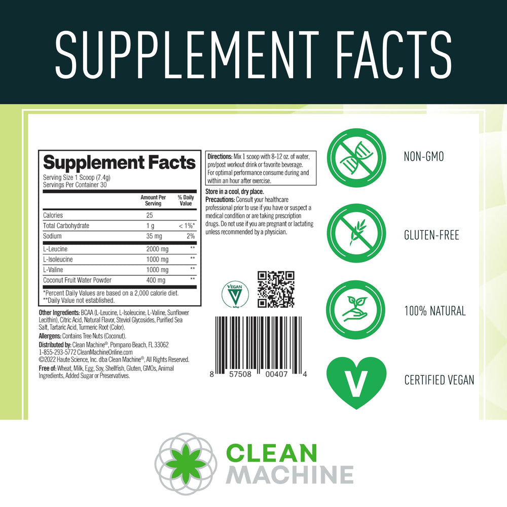 Clean Machine Lemonade BCAA label close-up emphasizes vegan non-GMO formula.