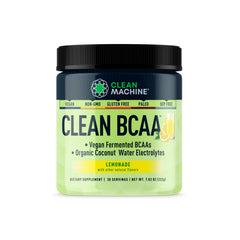 Clean Machine Lemonade BCAA tub front highlighting vegan amino acids for recovery.