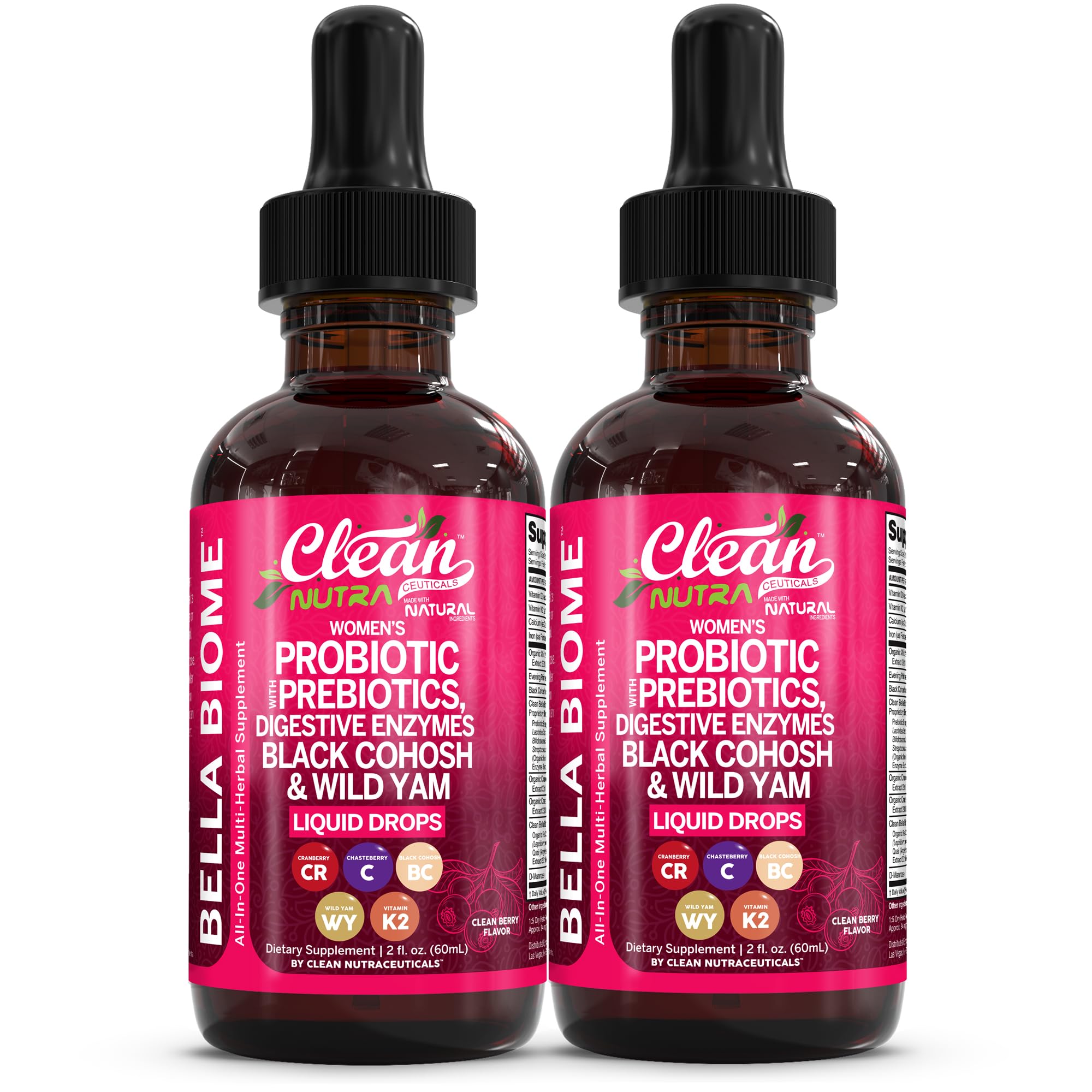 Clean Nutra Bella Biotics drops bottle illustrating probiotic delivery for gut balance.