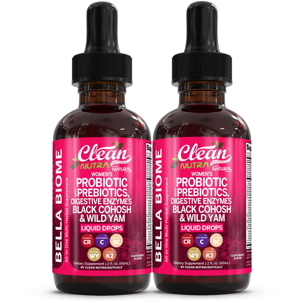 Clean Nutra Bella Biotics drops bottle illustrating probiotic delivery for gut balance.
