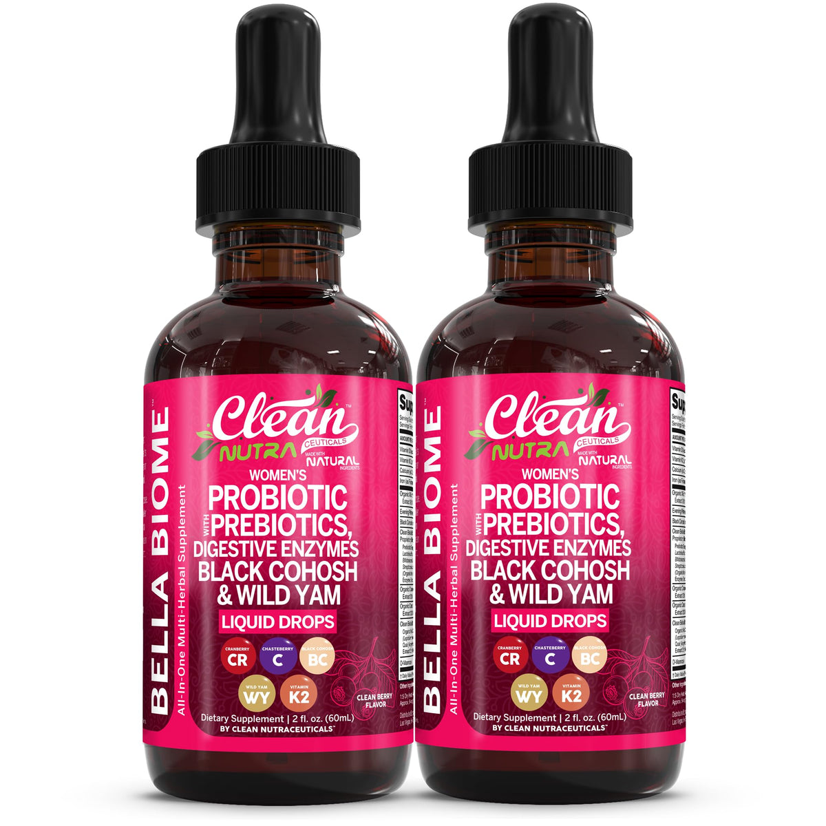 Clean Nutra Bella Biotics drops bottle illustrating probiotic delivery for gut balance.
