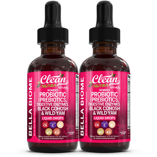 Clean Nutra Bella Biotics drops bottle illustrating probiotic delivery for gut balance.