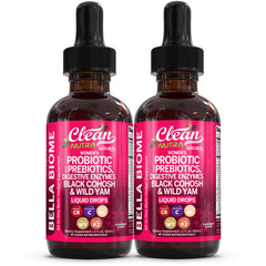 Clean Nutra Bella Biotics drops bottle illustrating probiotic delivery for gut balance.