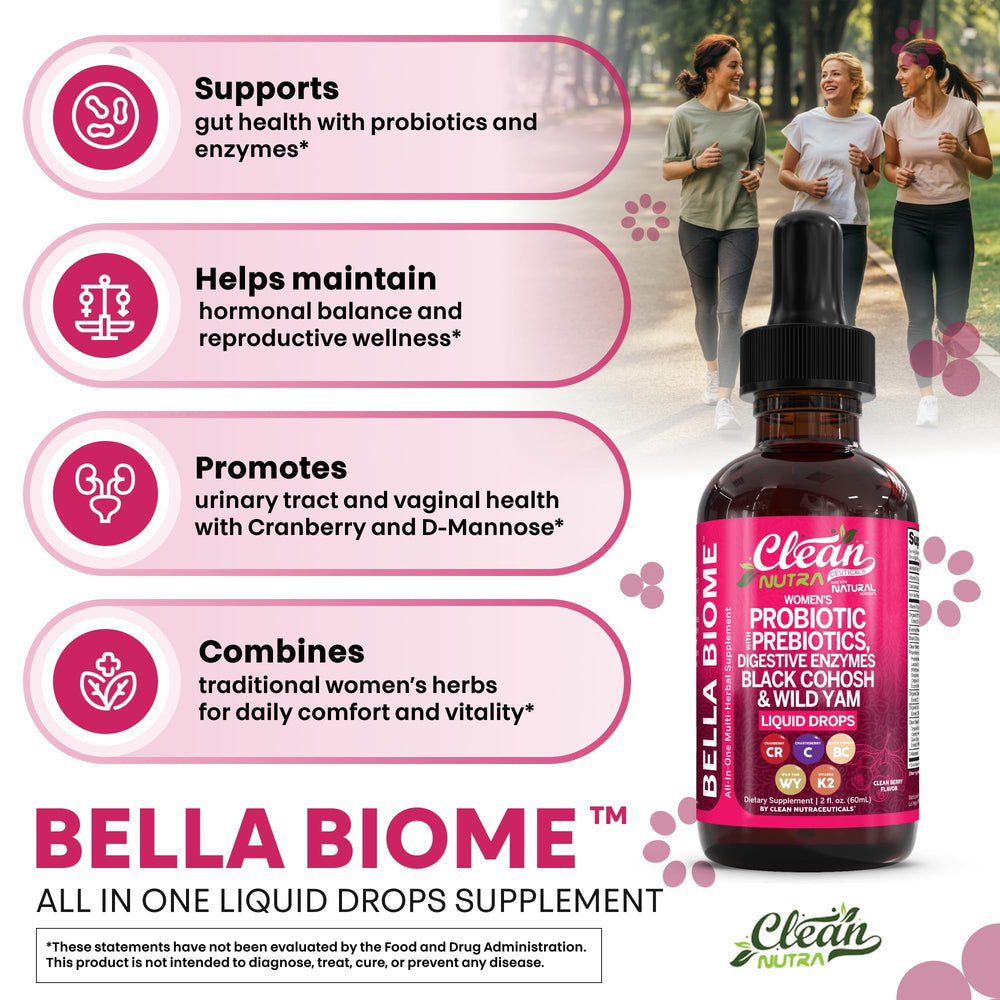 Clean Nutra Bella Biotics with prebiotics supporting digestive health.