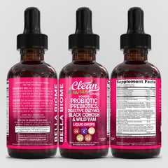 Clean Nutra Bella Biotics wild yam extract bottle focus.