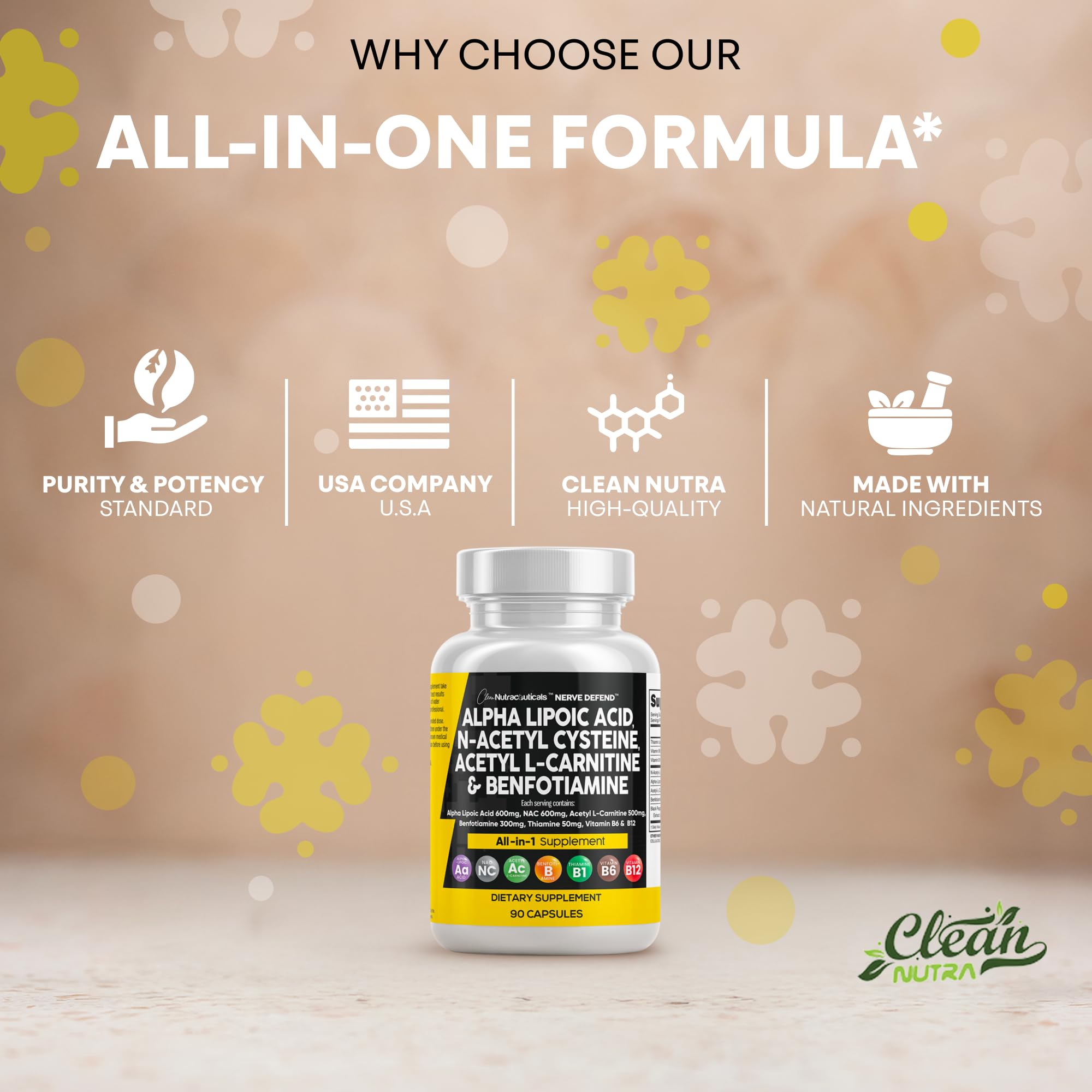 Clean Nutra benfotiamine 300mg capsules—vitamin B1 support for daily vitality.