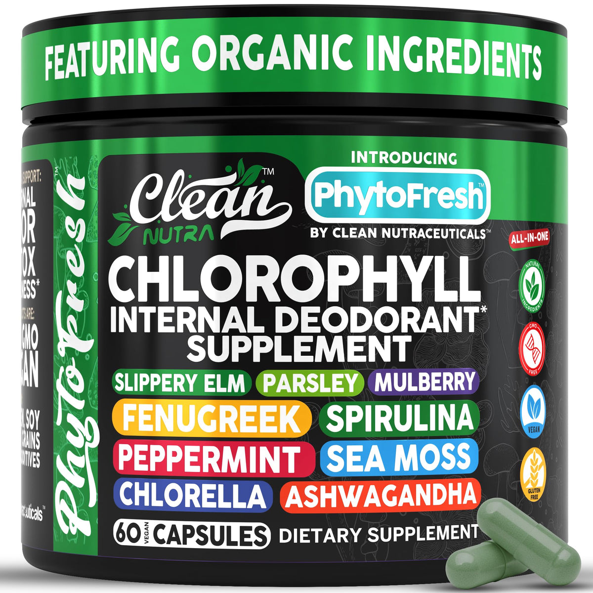 Clean Nutra Chlorophyll Capsules bottle pour for on-the-go vitality and daily energy