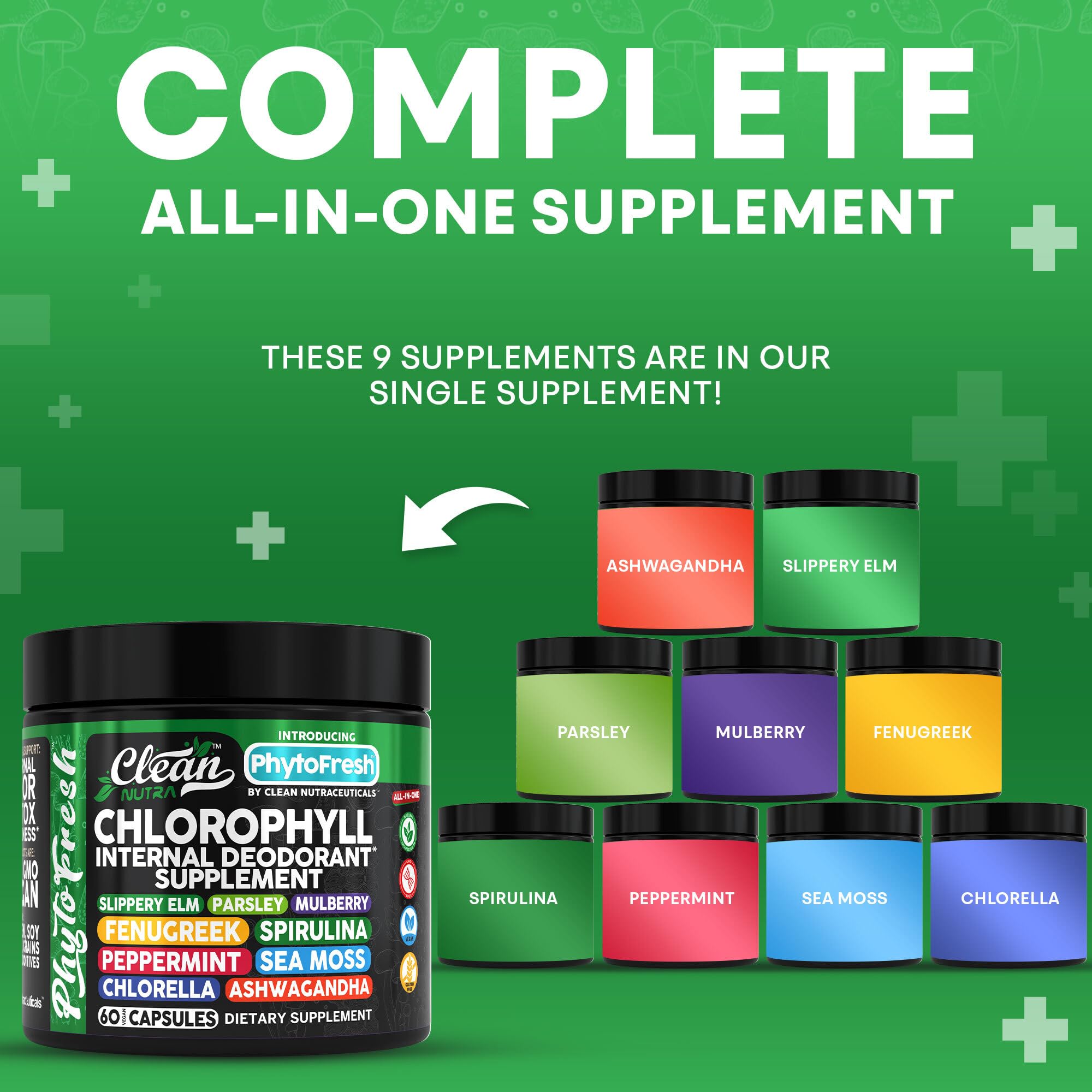 Clean Nutra Chlorophyll Capsules daily-use packaging highlights plant-based nutrition for busy days