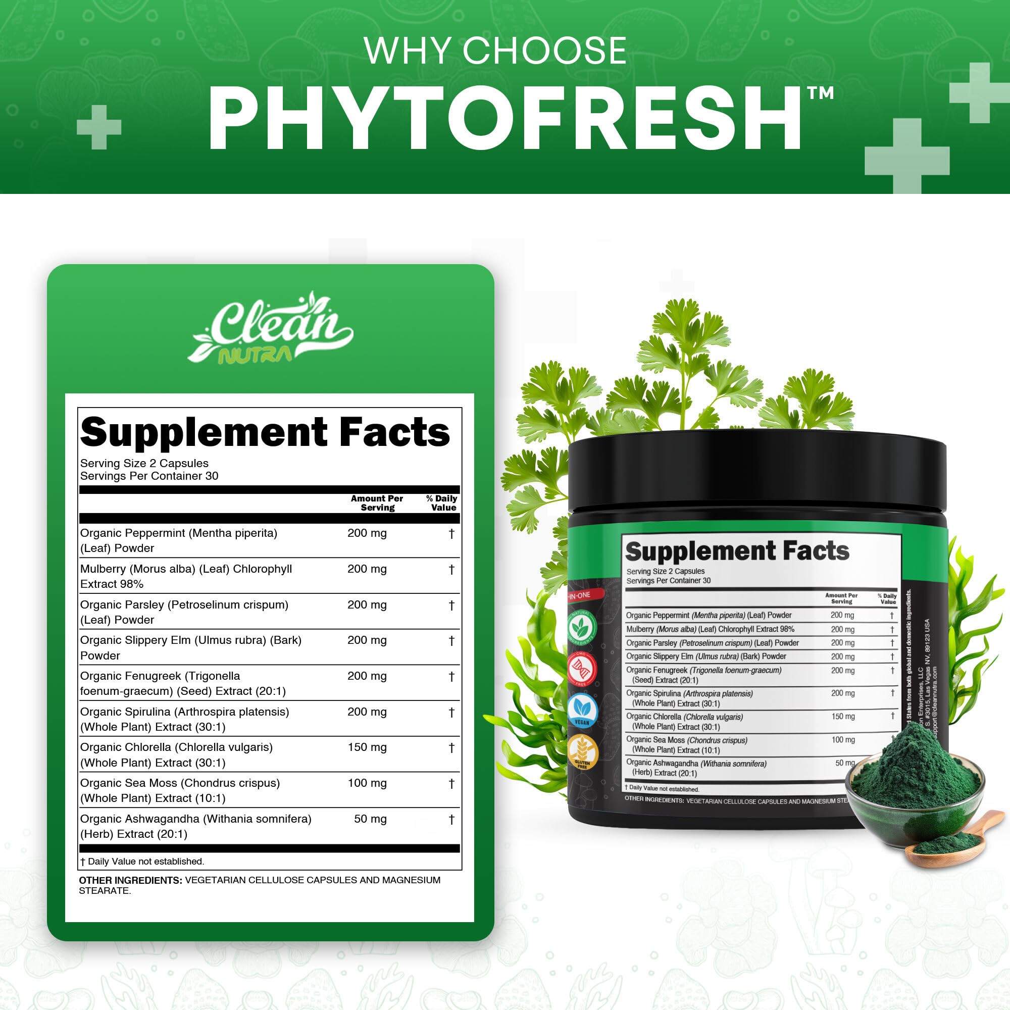 Clean Nutra Chlorophyll Capsules ingredients-spirulina close-up suggests robust nutrition and daytime energy