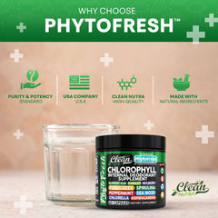 Clean Nutra Chlorophyll Capsules side-view bottle conveys travel-friendly vitality support