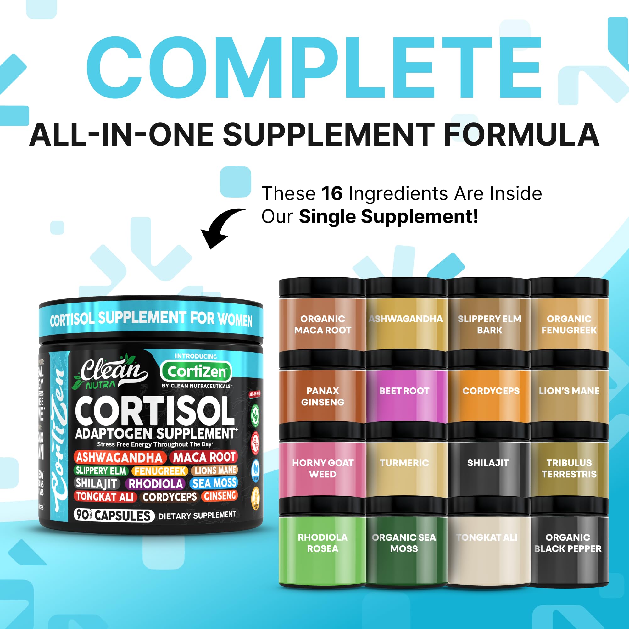 Clean Nutraceuticals label closeup highlighting cortisol support blend for balance