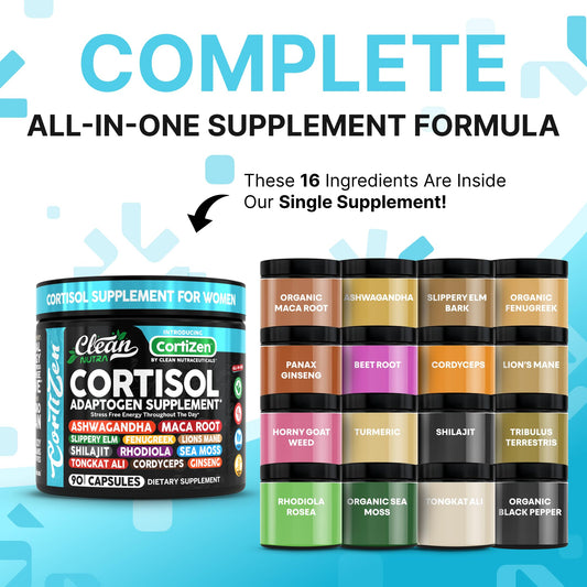 Clean Nutraceuticals label closeup highlighting cortisol support blend for balance