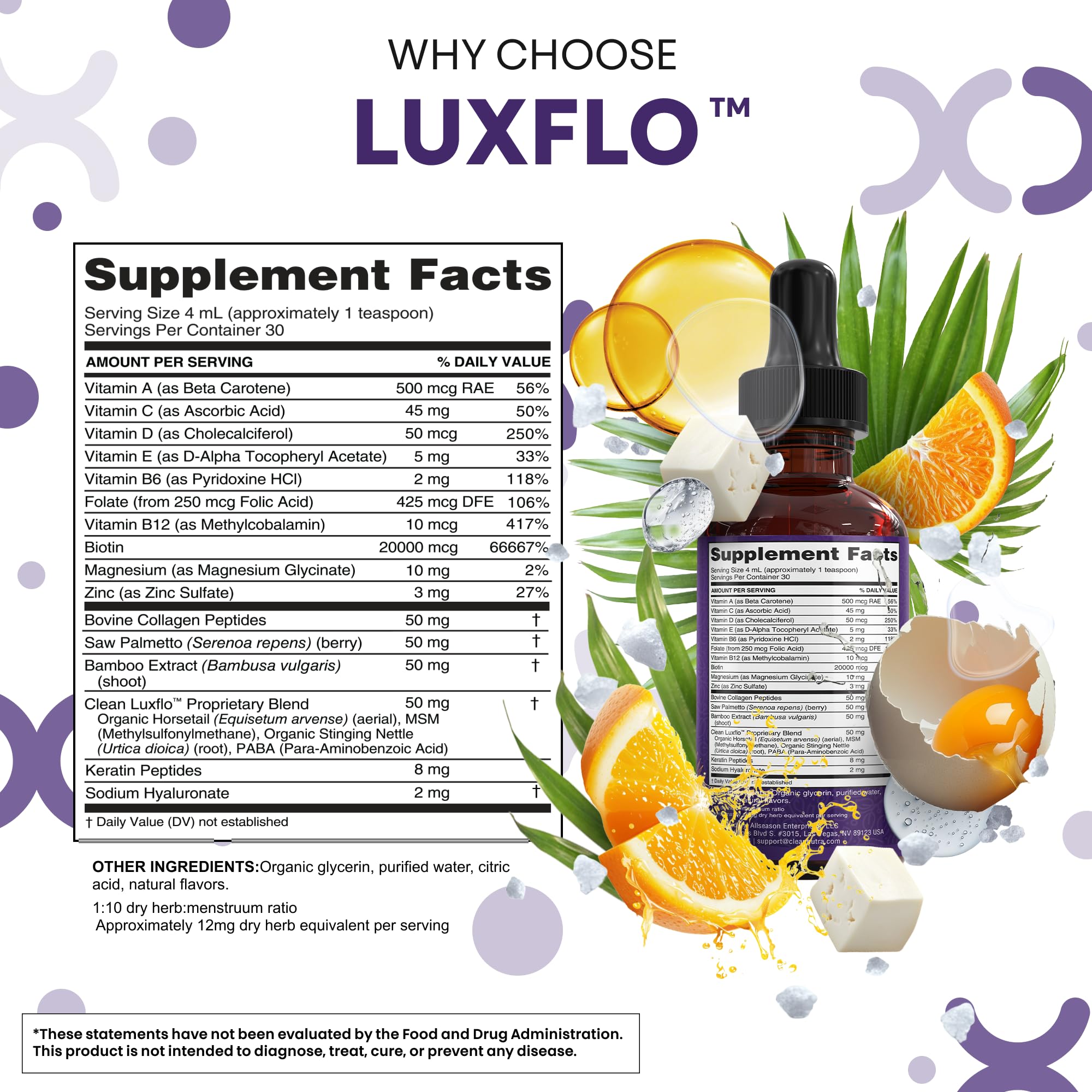 LuxGlo ingredients scene featuring hyaluronic acid and saw palmetto