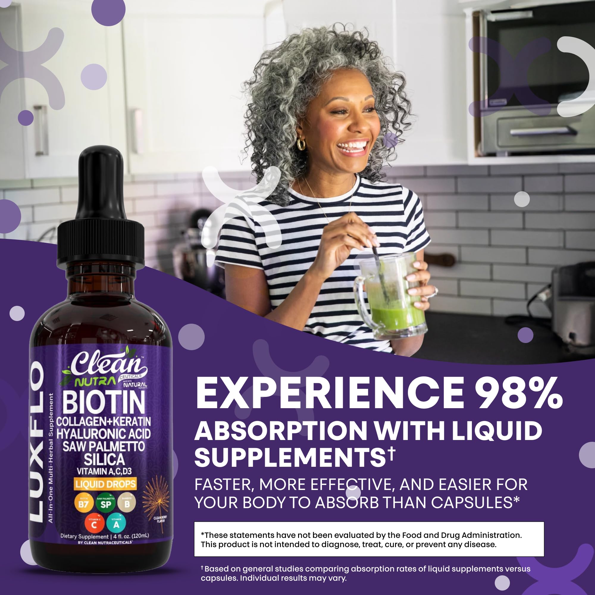 LuxGlo morning routine with drops and water for skin and hair support