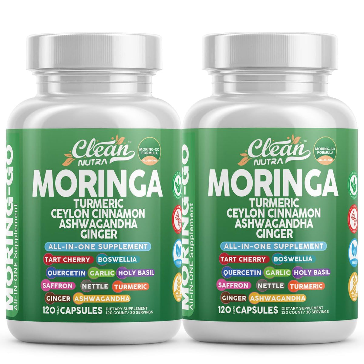 Clean Nutraceuticals Moring-Go bottle with capsules for daily vitality.