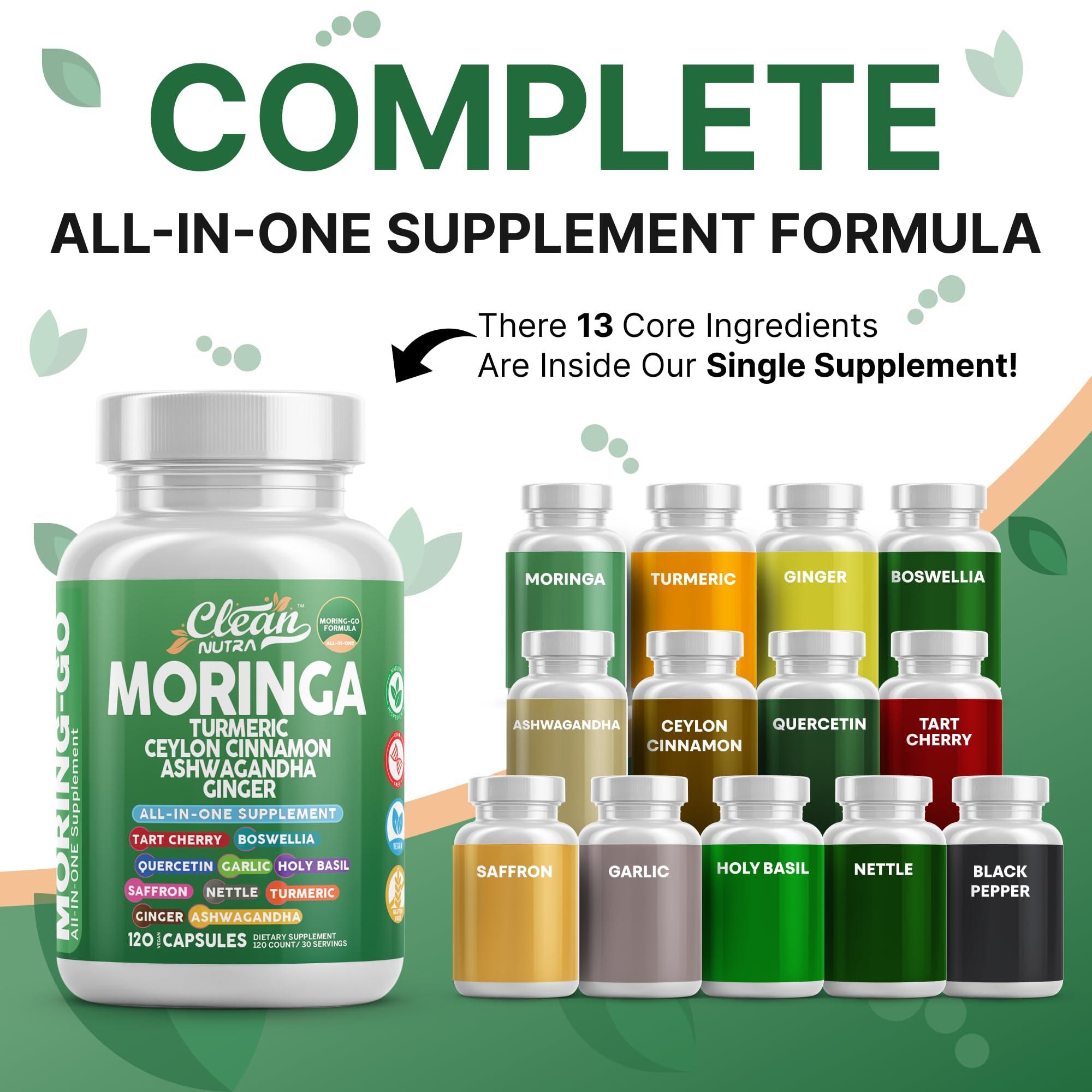Close-up of Moring-Go ingredients blend with moringa and turmeric.