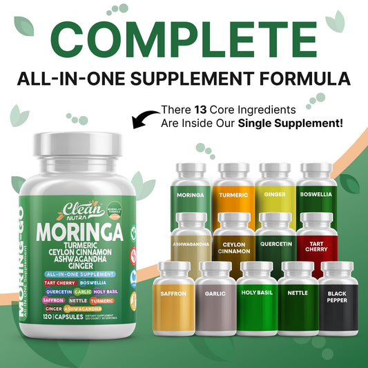 Close-up of Moring-Go ingredients blend with moringa and turmeric.