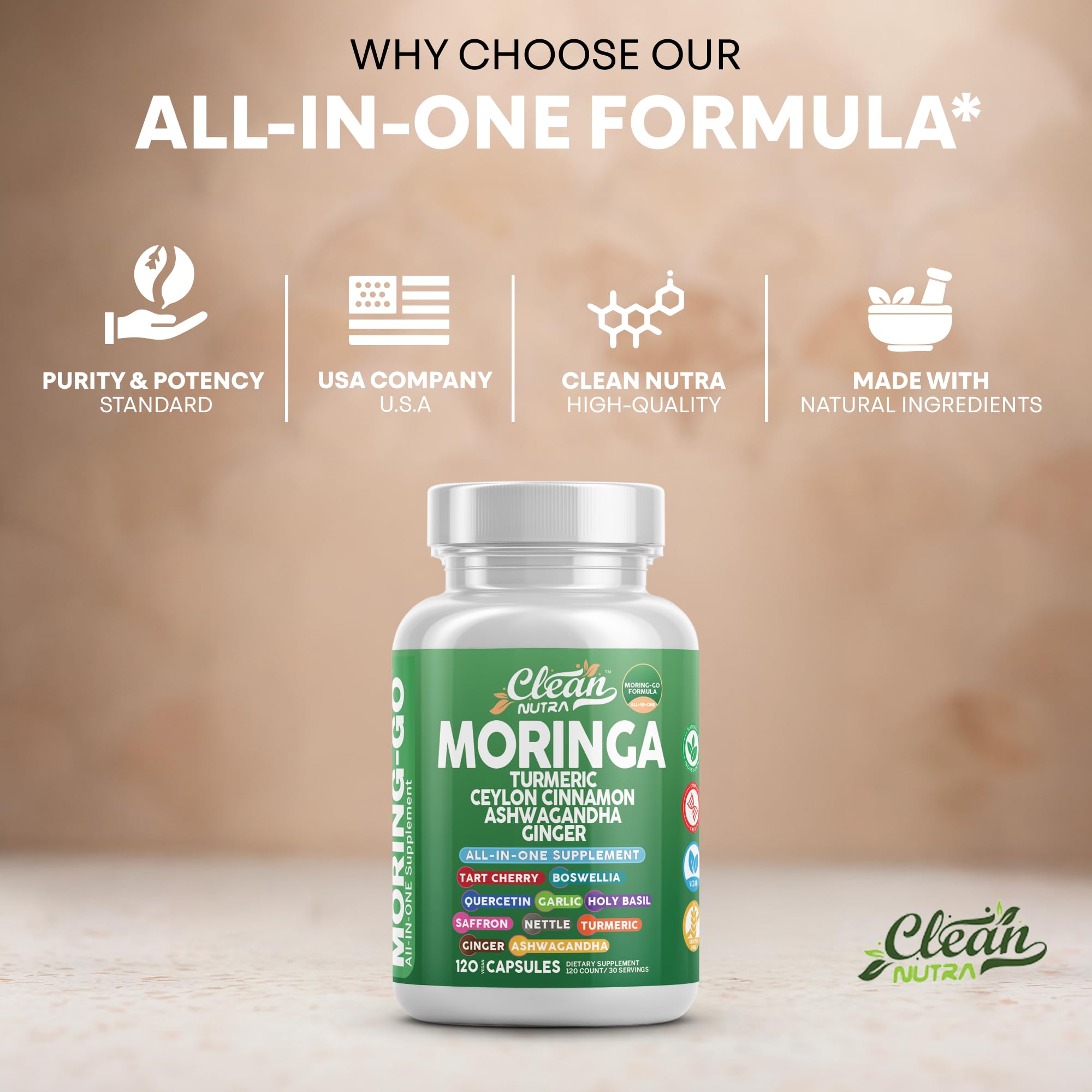 Moring-Go packaging highlighting organic moringa and herbs.
