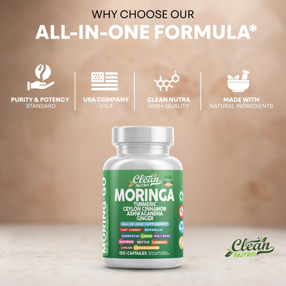 Moring-Go packaging highlighting organic moringa and herbs.