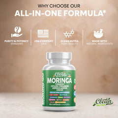 Moring-Go packaging highlighting organic moringa and herbs.