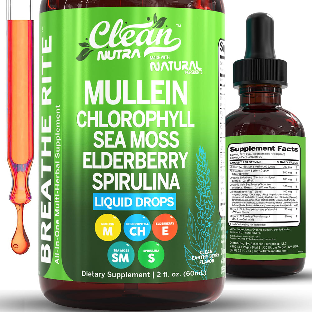 Clean Nutra Mullein Drops bottle shown for lung support and everyday wellness.