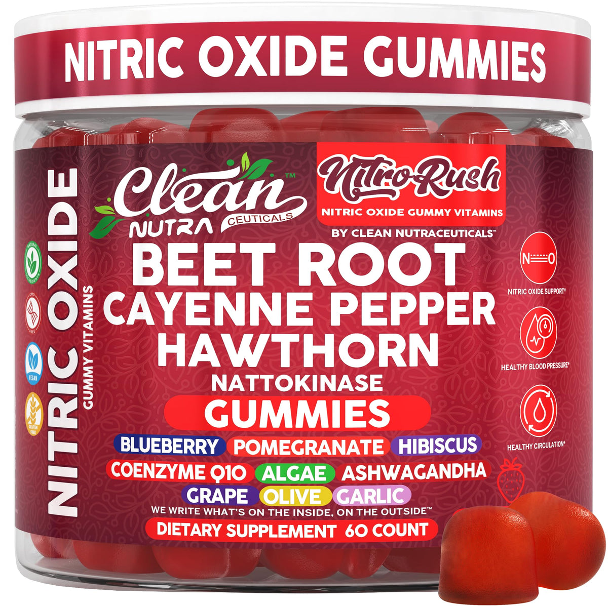 Clean Nutra Nitro Rush bottle label signaling nitric oxide support for workouts.