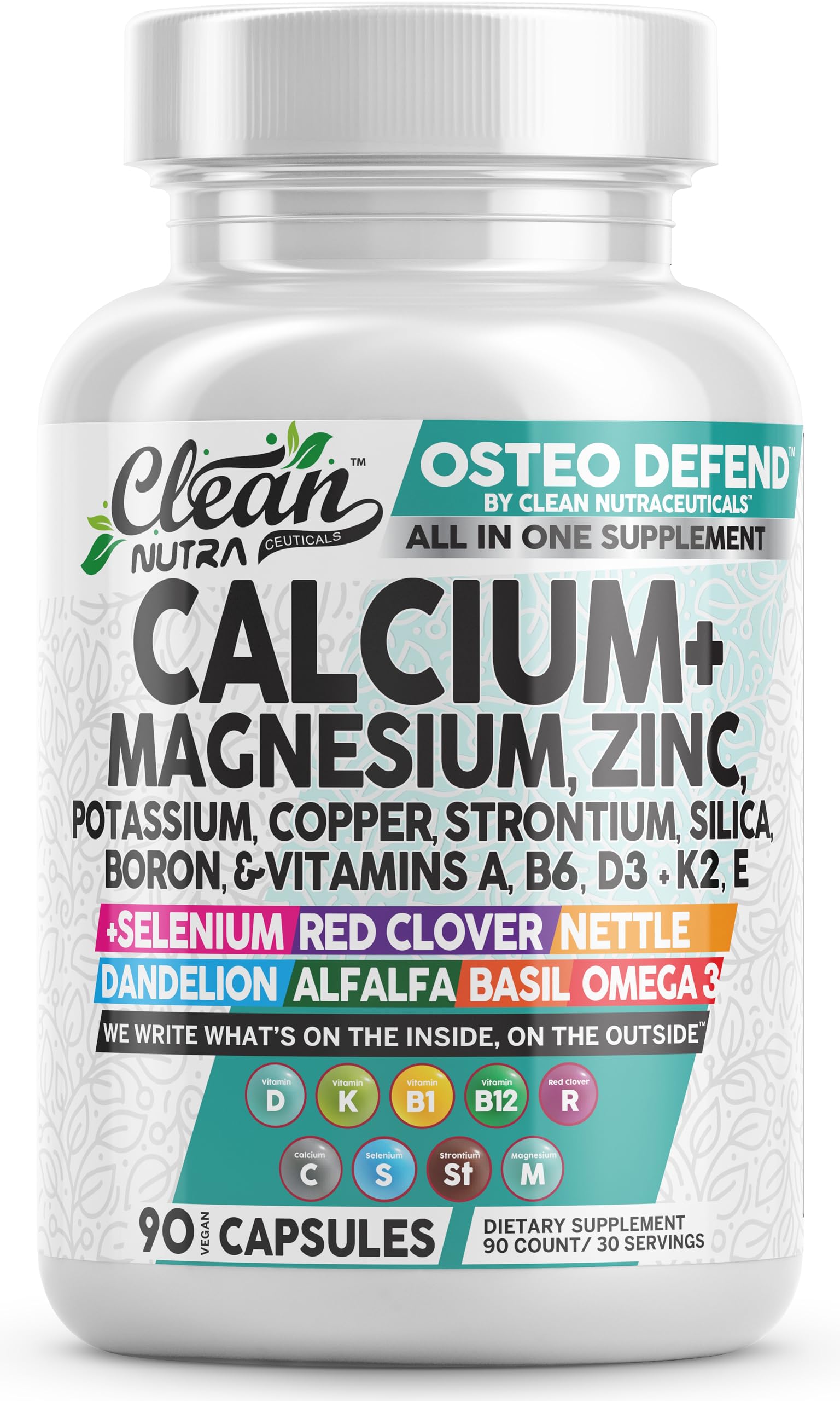 Clean Nutraceuticals Osteo Defend bottle front with bone-support minerals for daily wellness.