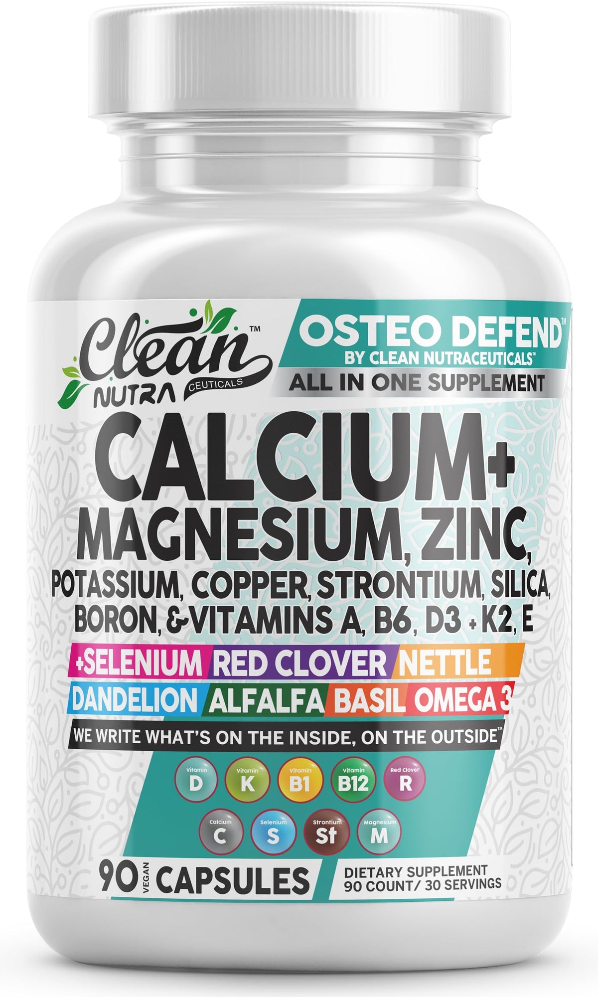 Clean Nutraceuticals Osteo Defend bottle front with bone-support minerals for daily wellness.