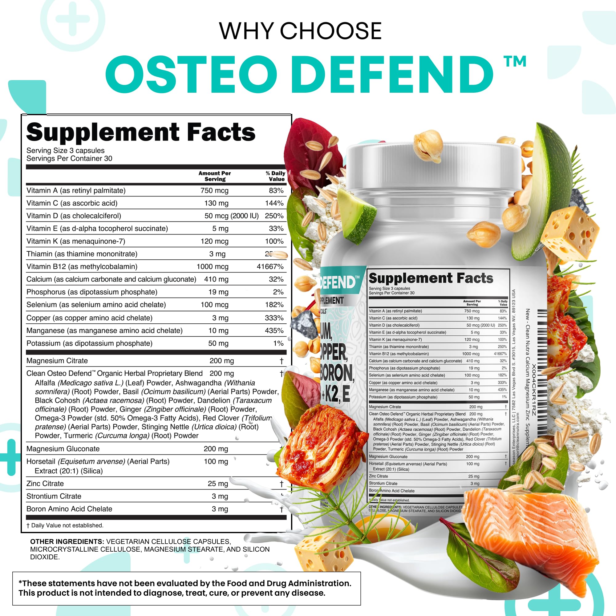 Osteo Defend ingredients label highlights vitamins and trace minerals.