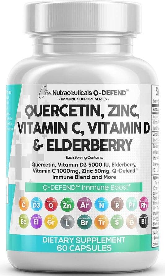 Clean Nutraceuticals Q Defend bottle featuring daily immune support capsules.