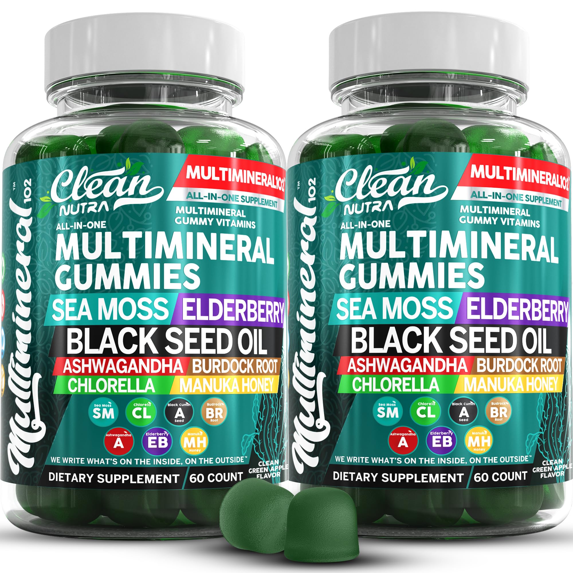 Clean Nutra Sea Moss Black Seed Oil Gummies bottle close-up, vegan daily wellness option