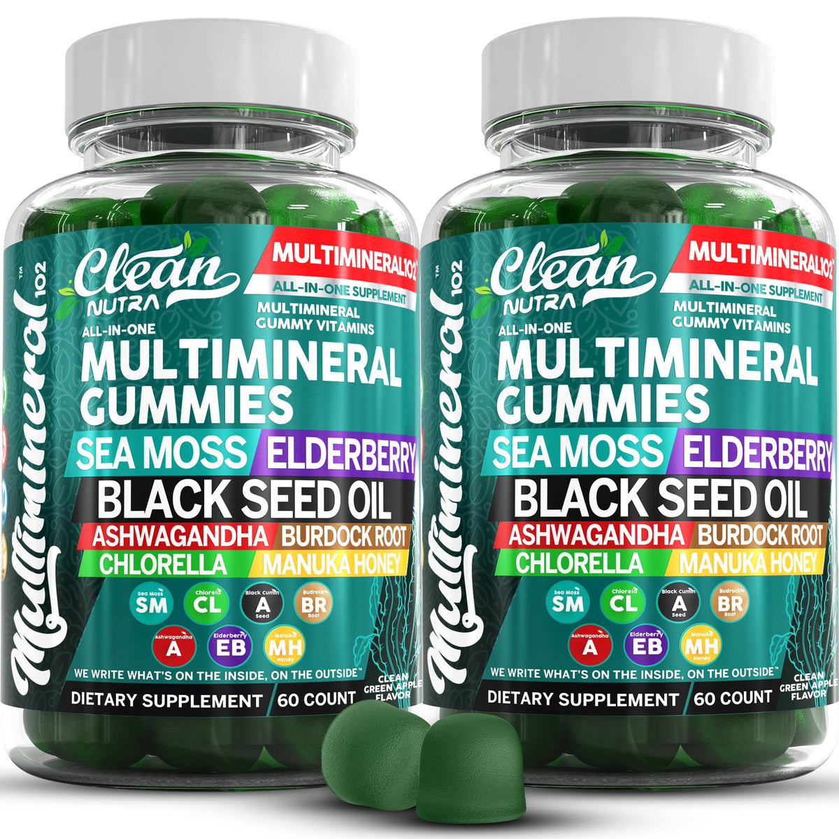 Clean Nutra Sea Moss Black Seed Oil Gummies bottle close-up, vegan daily wellness option