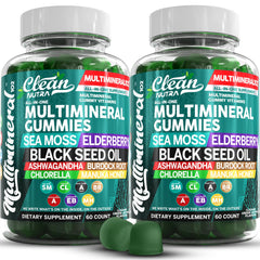Clean Nutra Sea Moss Black Seed Oil Gummies bottle close-up, vegan daily wellness option