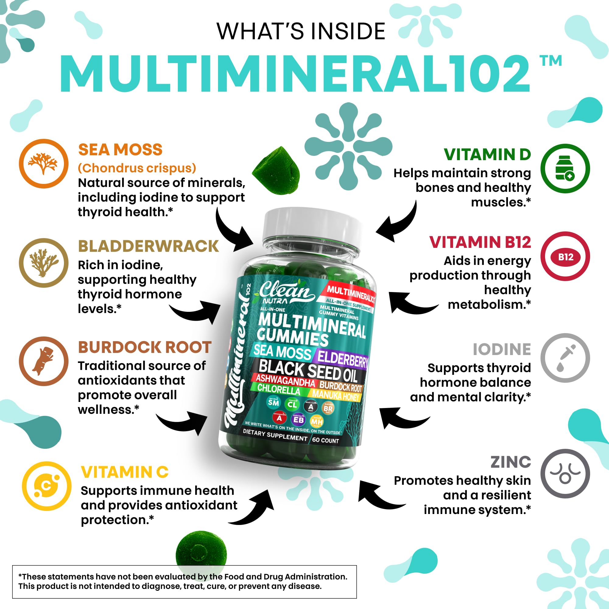 Clean Nutra ingredient panel with sea moss, elderberry, burdock, and chlorella