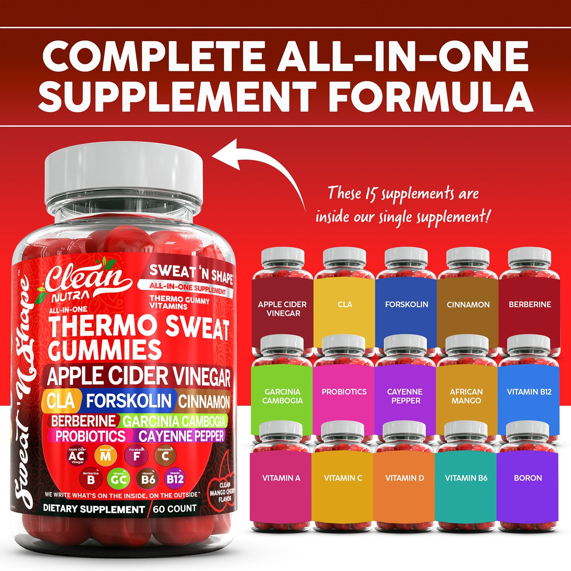 Closeup of Sweat N' Shape gummies emphasizing mango-cherry flavor.