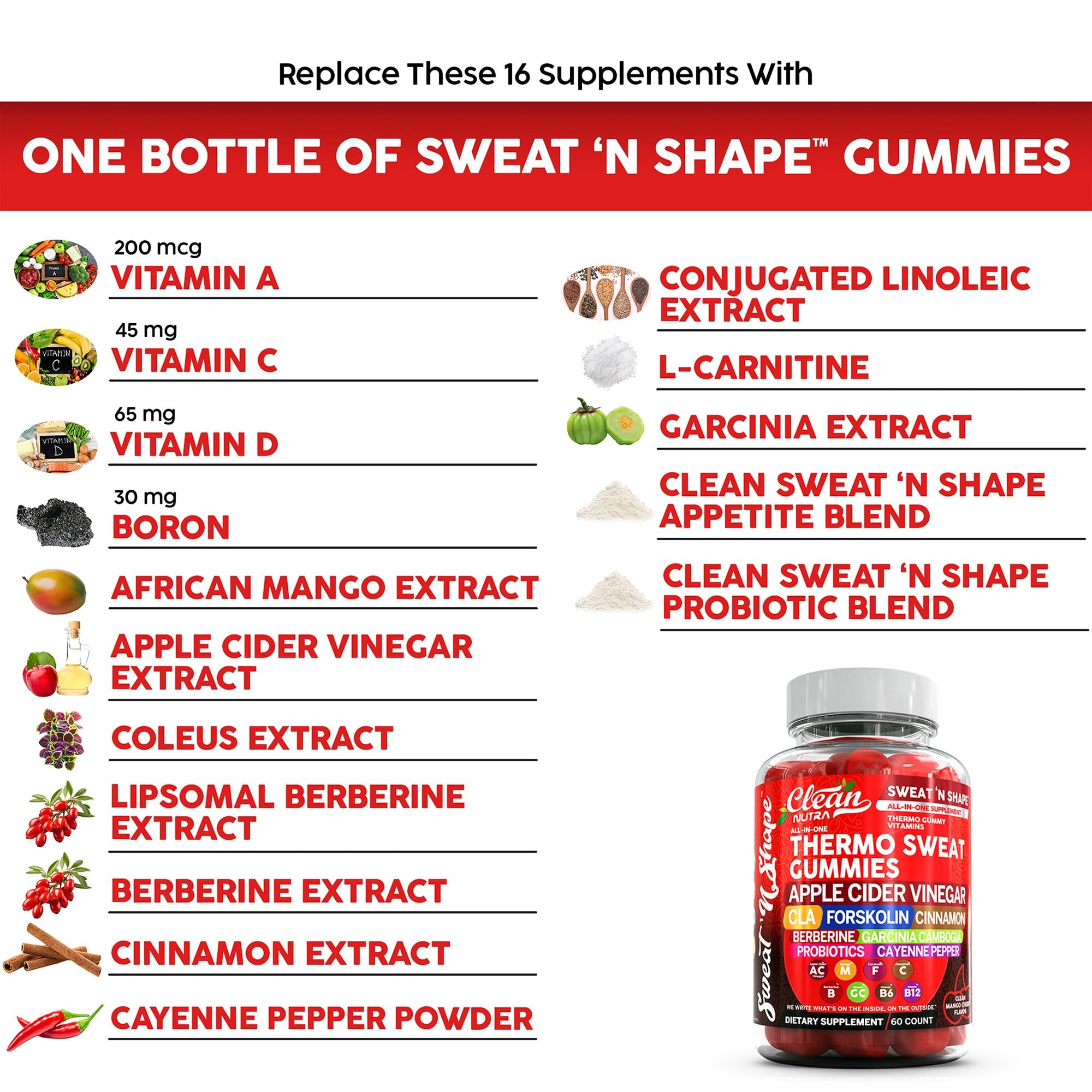 Sweat N' Shape gummies mango-cherry flavor promoting tasty daily routine.