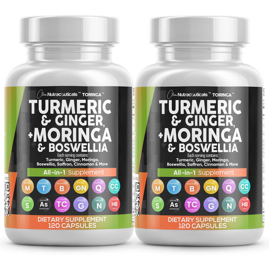 Clean Nutraceuticals Turmeric Moringa bottle pour showing an all-in-one wellness blend for daily use
