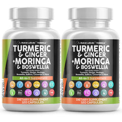 Clean Nutraceuticals Turmeric Moringa bottle pour showing an all-in-one wellness blend for daily use