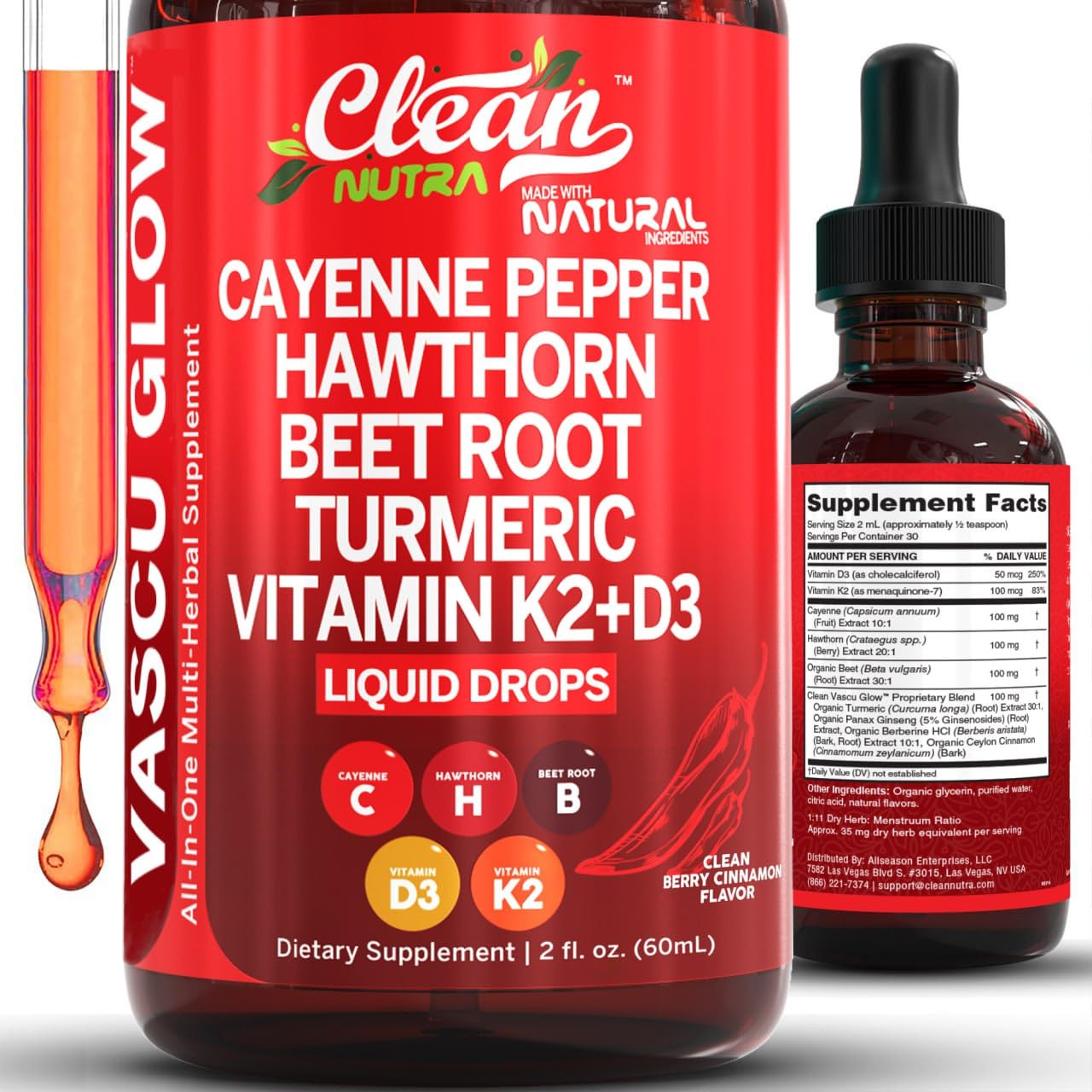 Clean Nutra Vascu Glow bottle highlighting cayenne and beet blend for daily support.