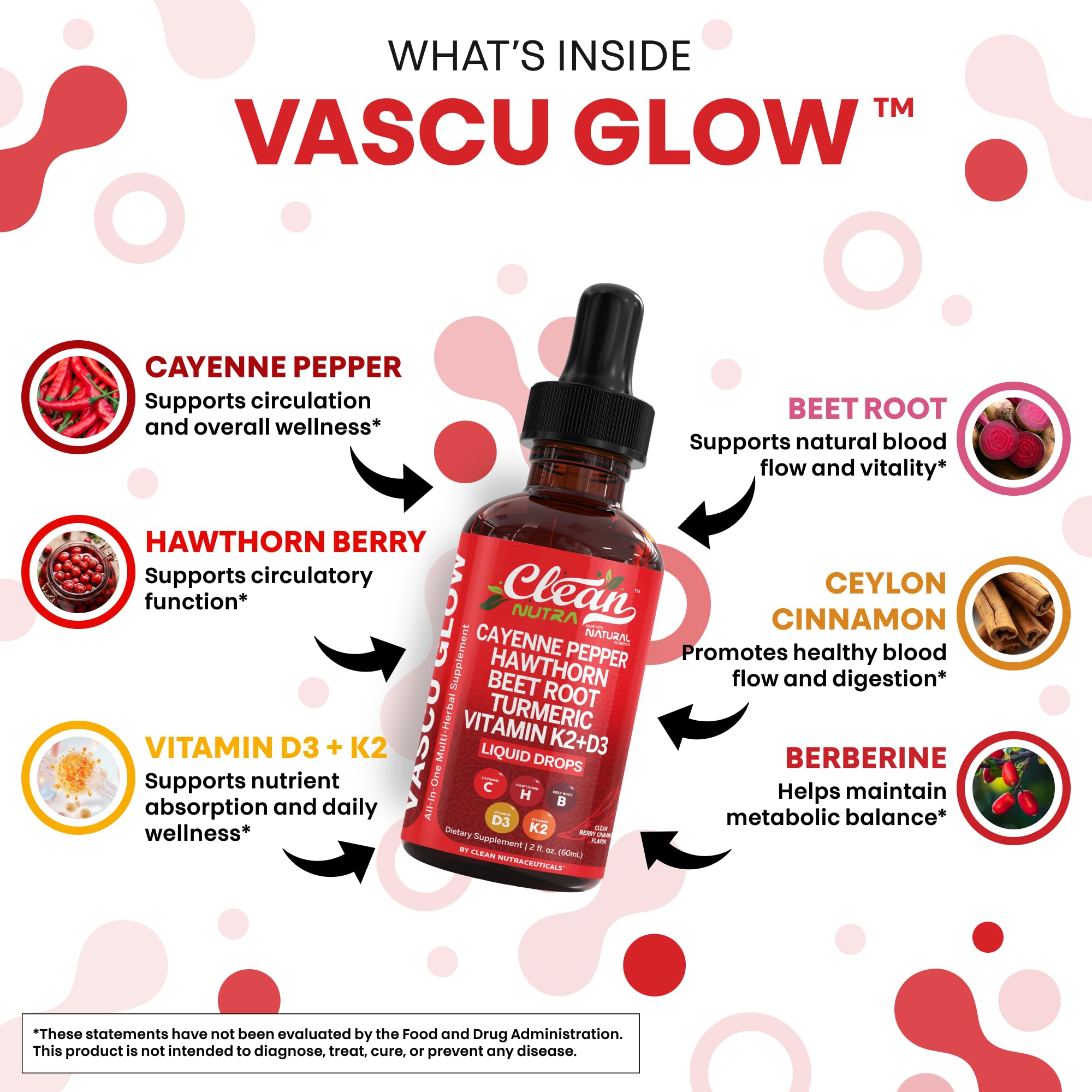 Clean Nutra Vascu Glow label close-up shows organic ingredients for daily wellness.