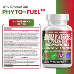 120 capsules packaging showing monthly supply of greens and fruits