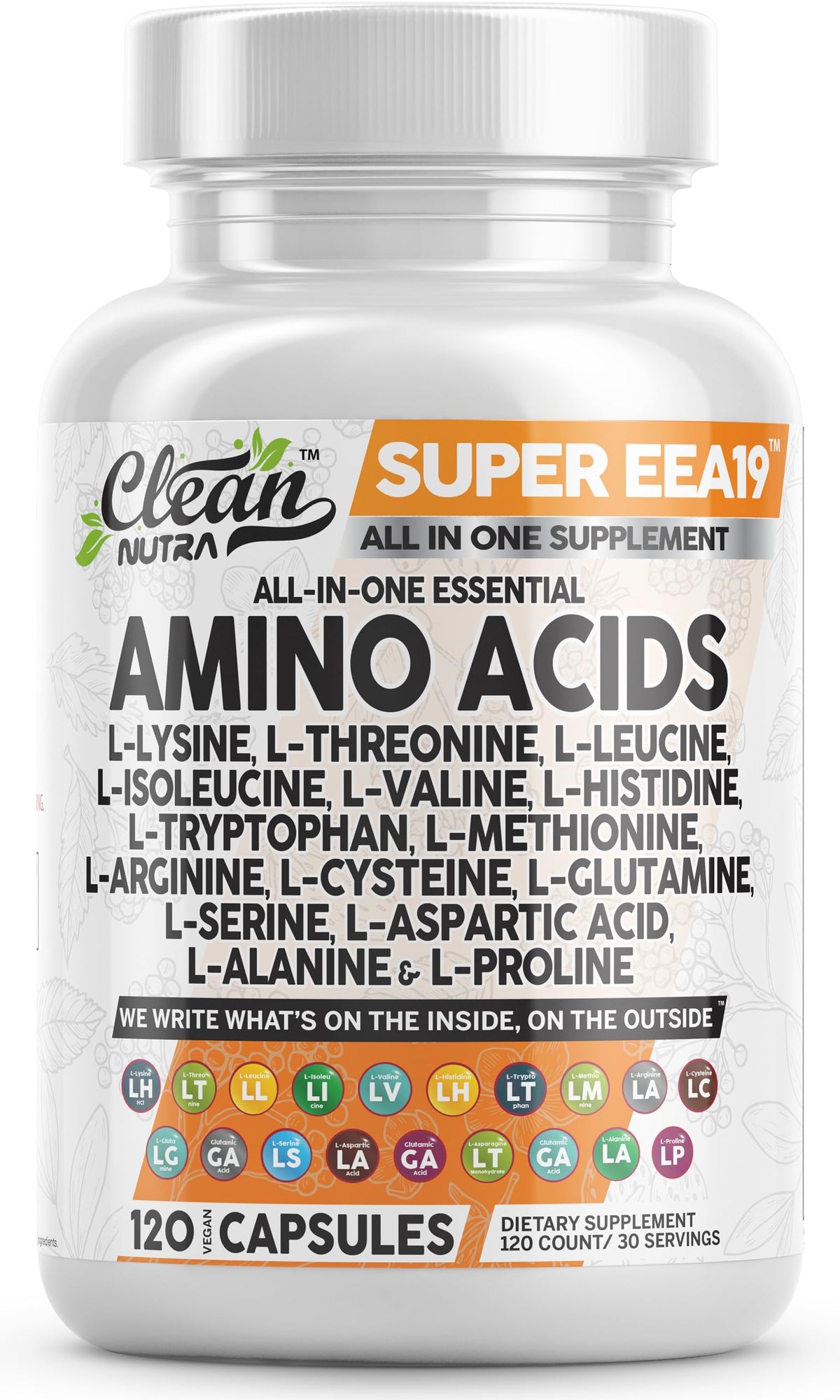 Clean Nutraceuticals amino acids supplement bottle with capsules for daily vitality and post-workout recovery.
