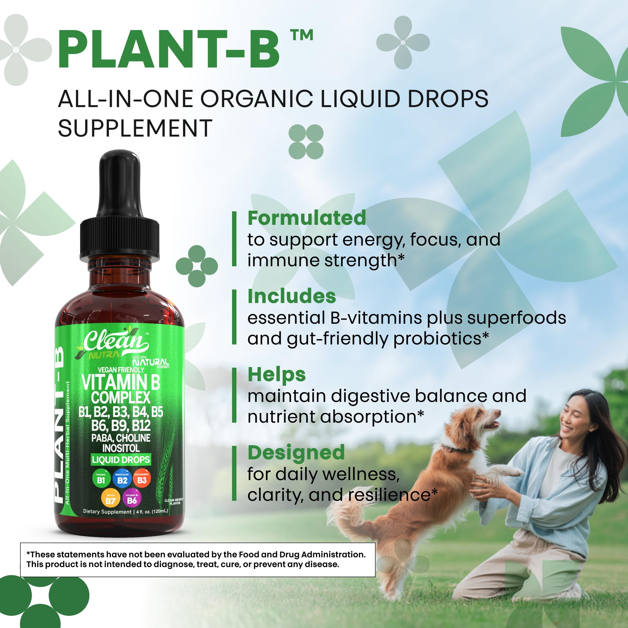 Clean Nutraceuticals B Complex Drops with hair, skin, nails benefit focus.