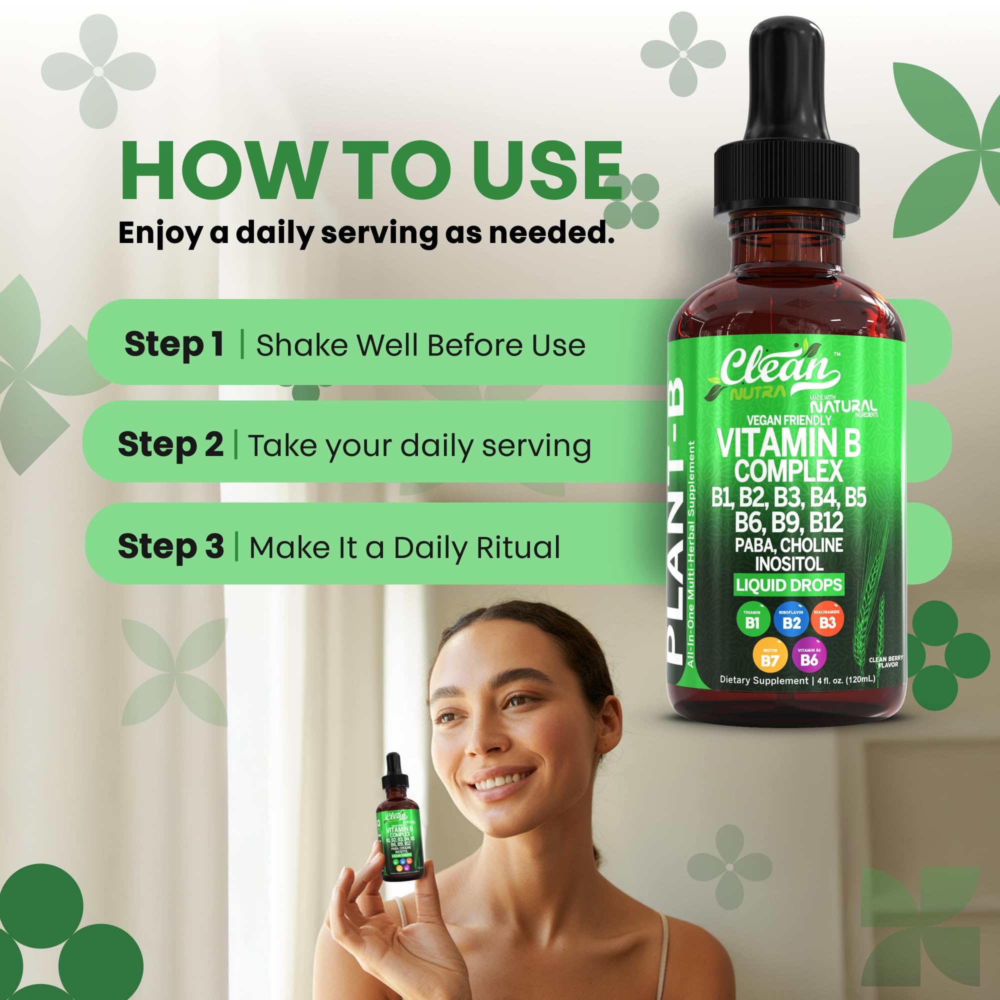 Clean Nutraceuticals B Complex Drops glass measuring spoon demonstrating precise dosage.