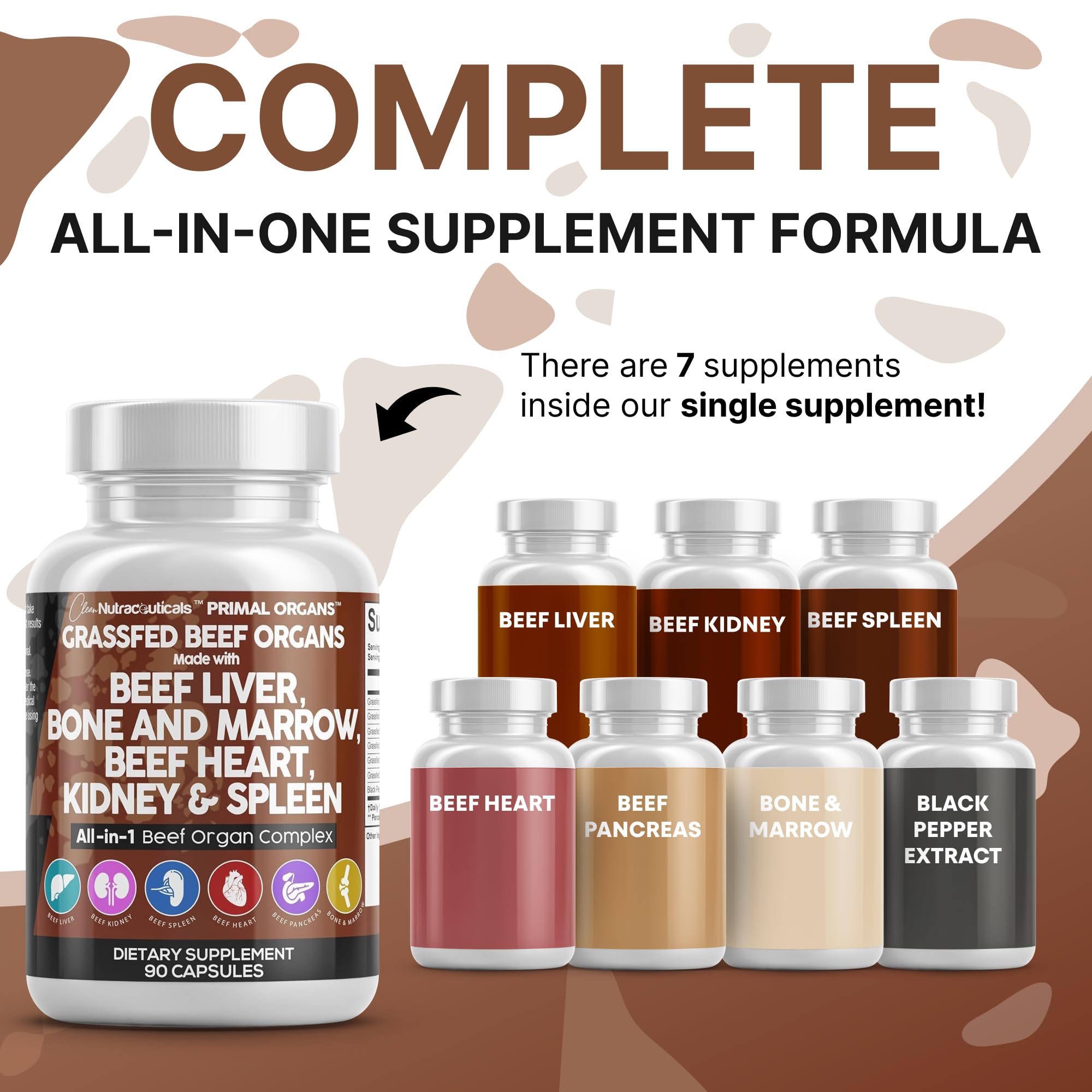 Clean Nutraceuticals beef organ capsules heart, spleen, pancreas close-up.