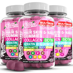 Clean Nutraceuticals Biotin Collagen Keratin Gummies bottle showcases a beauty-supporting supplement for hair and nails.