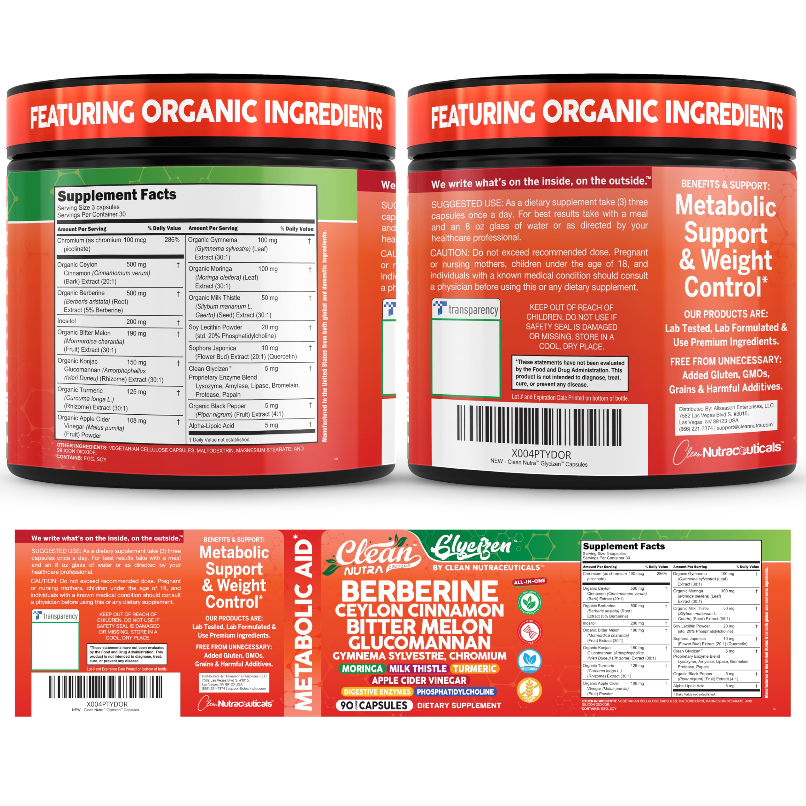 Clean Nutraceuticals bottle back-label detail lists key ingredients and serving size